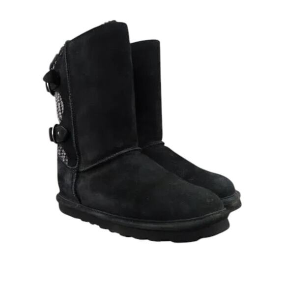 Bearpaw Shoes Womens 7 Boots Winter Warm Clara Leather Knit Pull On Buckle Strap - Picture 1 of 15